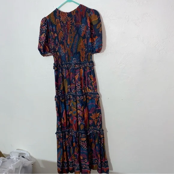 Farm Rio Short-Sleeve Crew-Neck Tiered A-Line Maxi Dress floral leaf pattern S - Picture 6 of 16